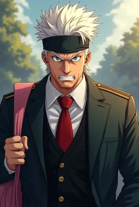 Un Hombre
 with white hair with a headband with an angry face in uniform with a white shirt and a red tie and a black sweater holding a pink anime School with green eyes
