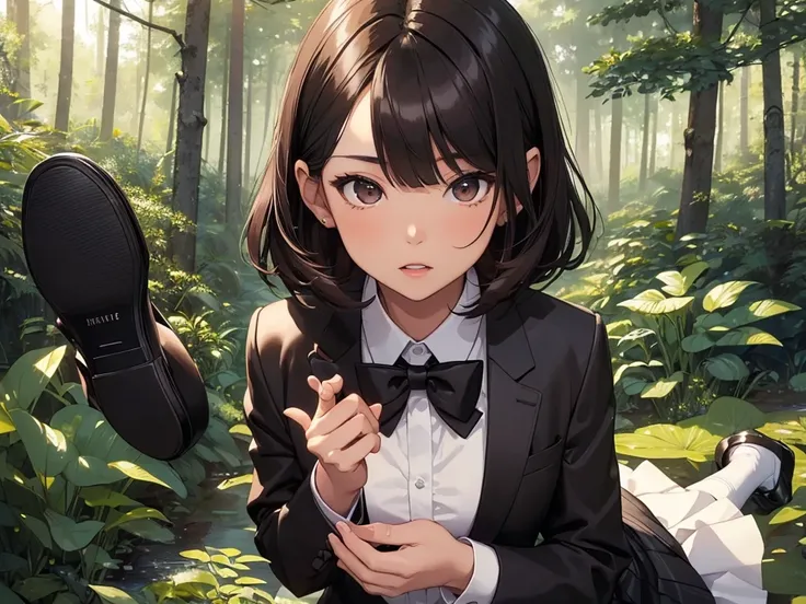 ((best quality)), ((masterpiece)), (detailed), 1girl, asian young woman, short bangs, brown hair, brown asian eyes, feminine, bowtie, black opened tuxedo jacket,medium length black dress skirt, short white socks, fancy black shoe, standing in a forest, clo...