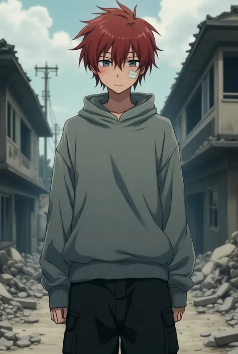 Japanese teenage boy wearing an oversized grey sweater. The sleevers hide his hands. He is wearing a black cargo short. The boy have short red not orange messy hair. He have bruises under his eyes and a bandage on his cheek. He have pale blue eyes. He is h...