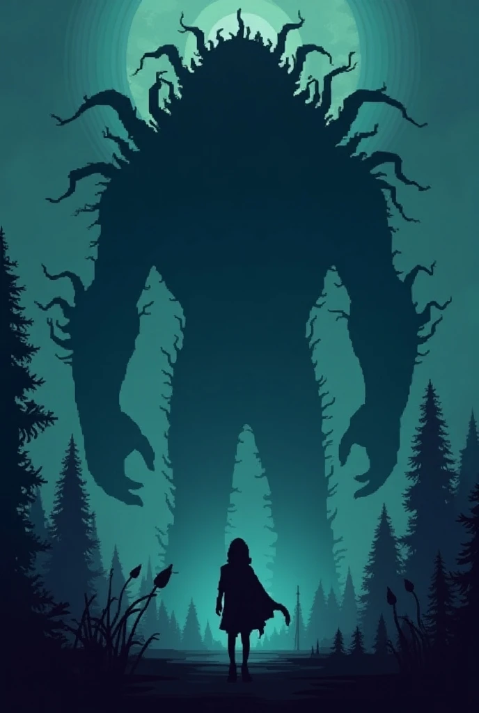 Create the cover of a game that shows the silhouette of a mysterious character and back there a large and mysterious monster in pixel 