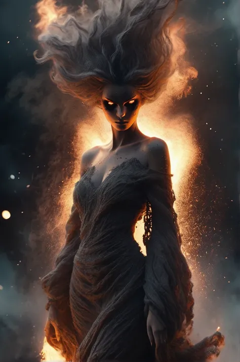 illustration by Bastien L. Deharme, dark fantasy art an image consisting entirely of flying particles of ash and ash depicting a luxury beautiful demoness with burning eyes developing flying long high messy silk hair, she dressed in a air dress completely ...