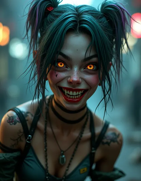 Game character, psycho girl "Jinx", crazy girl with murderous intent, dangerous person, 8K quality