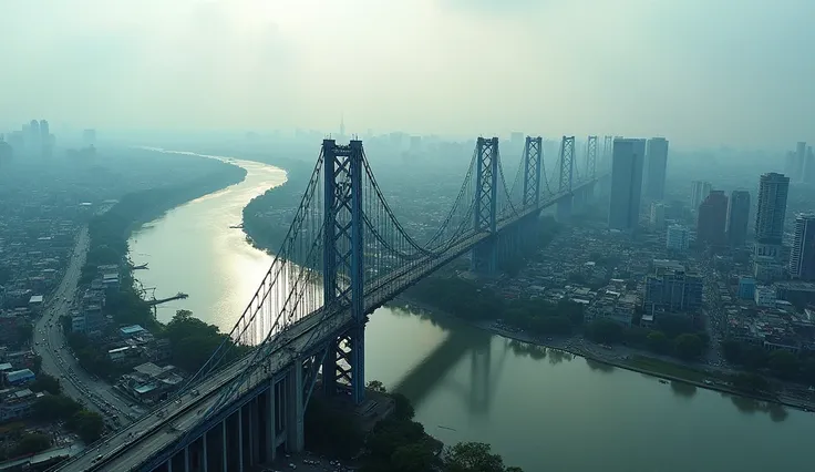 "Aerial shot of Kolkata city with an outline of the Howrah Bridge, representing its connection over water."
