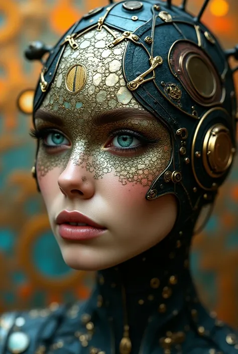 A striking, close-up portrait of a steampunk-inspired human face, adorned with an intricate mosaic of metal, glass, and other materials. In vibrant shades of orange, blue, and gold, the mosaic partially obscures the face, revealing only the eyes, nose, and...