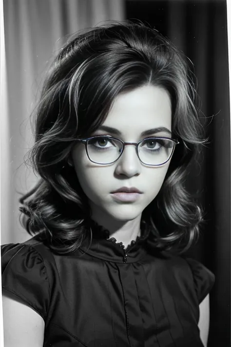 Beautiful russian tomboy woman with extremely small junior breast in the 50s of the 20th century, looking like a teenager, short dark shaggy hair, glasses, rounded face, lump sensual lips, dark eyes, junior stature, full junior body, shy victorian dress, b...