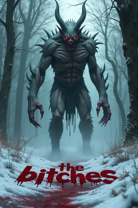 Create a Christmas forest demon spelled The Bitches in Blood 
