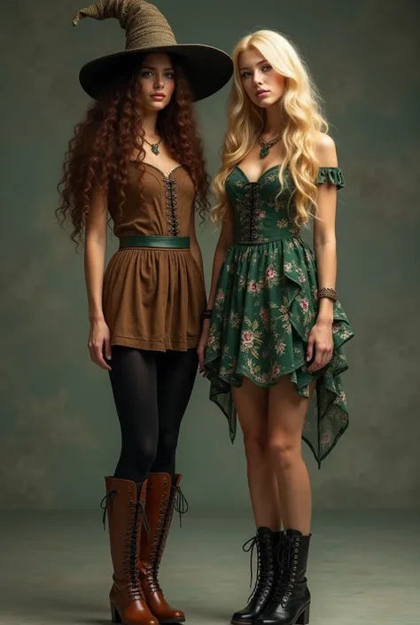 Two hot witches         , on the left:    long curly brown hair   ,          short brown dress         ,          black tights    ,        brown leather boots with cute lacing pattern, hexenhut, Right: blonde hair,   leafy green floral dress        ,      ...