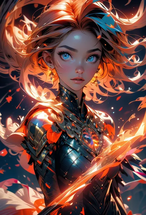 4k,8k,highres,masterpiece:1.2),ultra-detailed,(realistic,photorealistic,photo-realistic:1.37) 4k,8k,highres,masterpiece:1.2),ultra-detailed,,1girl,fiery hair,fire,yellow eyes,pink hair,looking at viewer,jewelry,earrings,bodysuit,glowing hair,dark skin,glow...