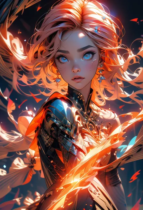 4k,8k,highres,masterpiece:1.2),ultra-detailed,(realistic,photorealistic,photo-realistic:1.37) 4k,8k,highres,masterpiece:1.2),ultra-detailed,,1girl,fiery hair,fire,yellow eyes,pink hair,looking at viewer,jewelry,earrings,bodysuit,glowing hair,dark skin,glow...