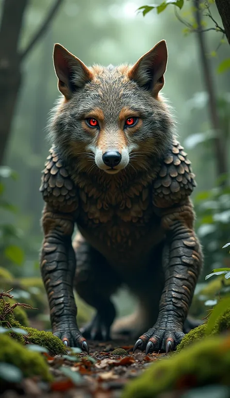 a wolf and a Tatu merged into a hybrid animal in a forest with bright red eyes 