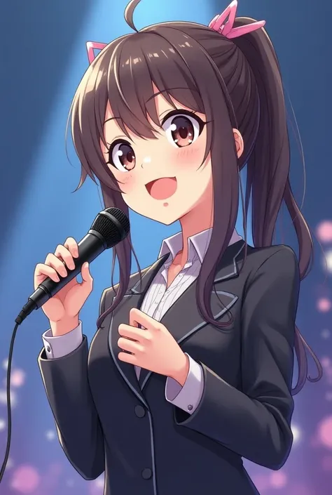 Anime girl with condenser microphone presenter