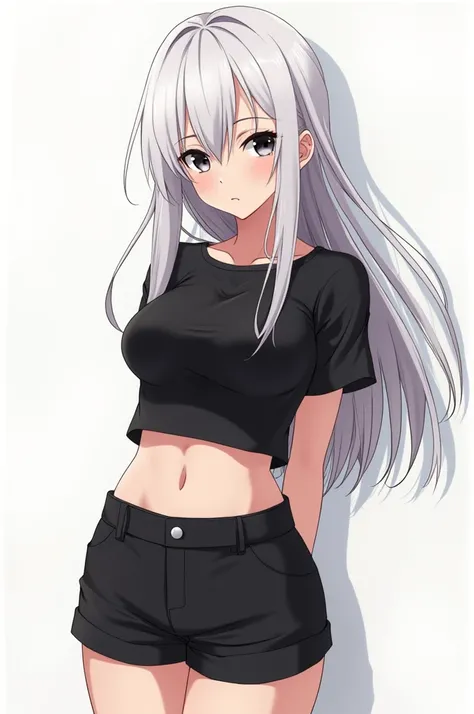 A female anime character with long white hair, black eyes, a black shirt and black shorts 