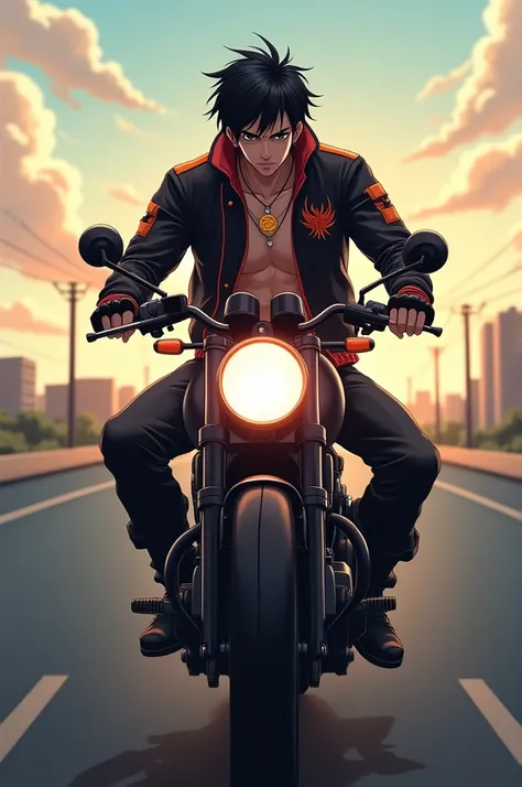 Asha on the Motorcycle - Highway Scene: "Create a cinematic anime scene featuring Asha, a fierce MMA fighter, riding a sleek, dark motorcycle along an open highway in the middle of the day. His expression is intense and contemplative, as he reflects inward...