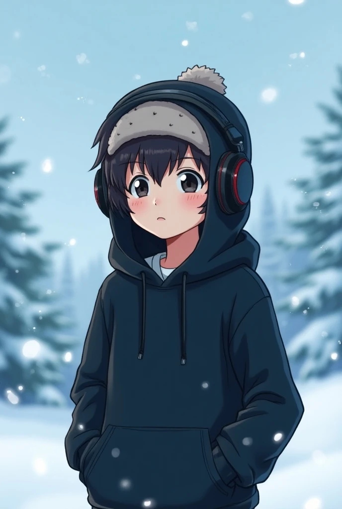 boy wearing black hoodie in winter snow with cap and headphone anime style