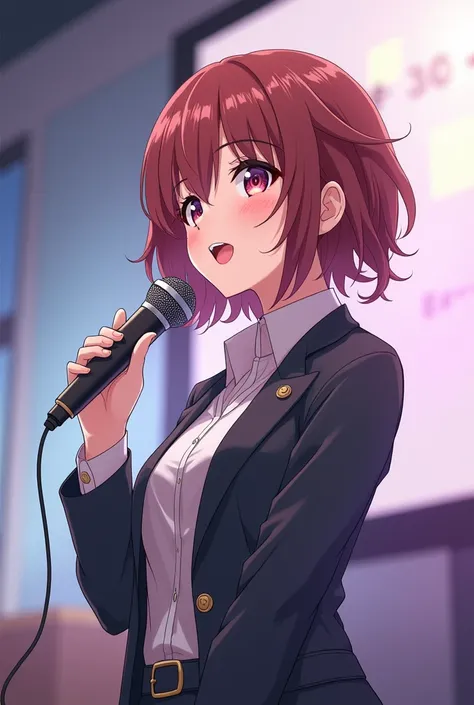 Anime girl with condenser microphone presenter