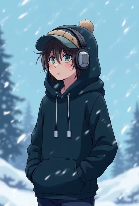 boy wearing black hoodie in winter snow with cap and headphone anime style