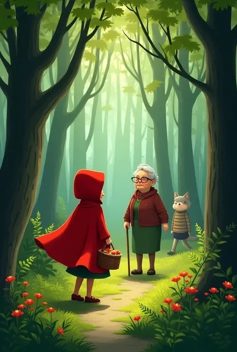 Little Red Riding Hood walking in the woods with grandma being followed by the Big Bad Wolf 