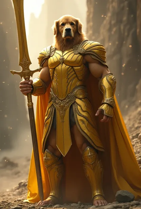  Golden Retriever in the background、Muscular、Golden Armor、luxury、SF、Asgard、  sword、king