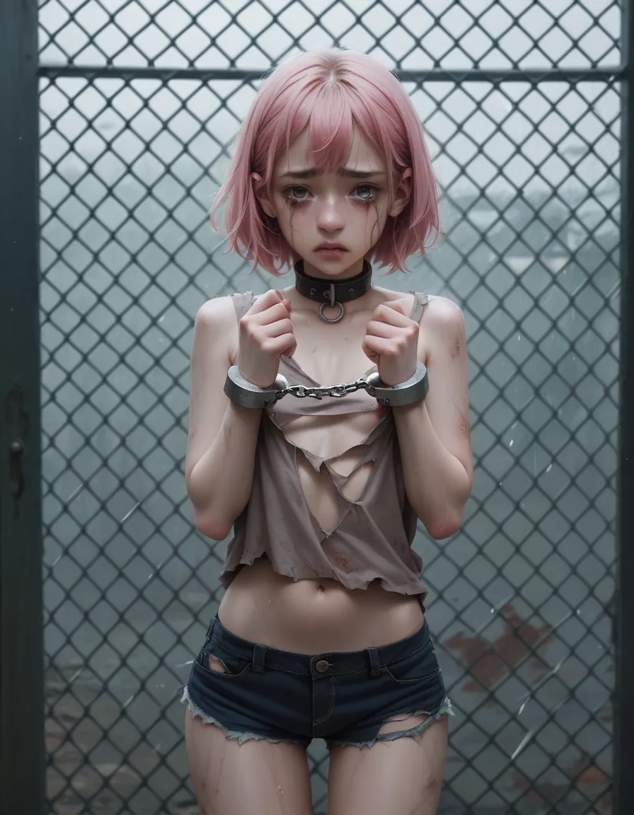 a japanese woman. pink hair. small breasts. many injuries. dirty body. tears . handcuffs, shackles , collars, standing in front ...