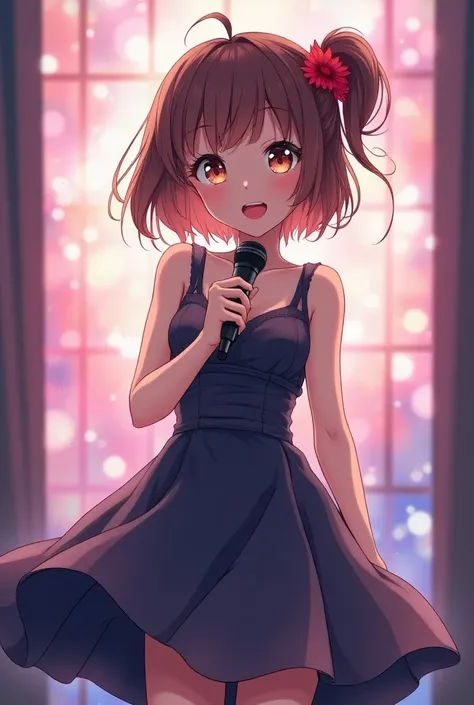 Anime girl with condenser microphone presenter in dress