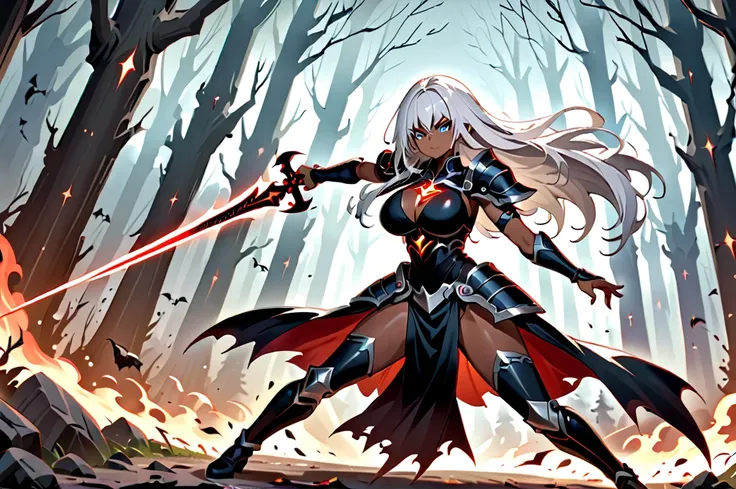 A dark female warrior with large breasts, glowing black armor with a red aura, holding a dark sword in one hand, a symbol of darkness and evil, long silver hair, piercing blue eyes, a beautiful and powerful battle scene background, full body view, extremel...