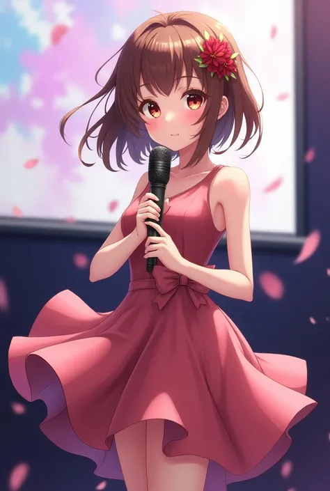 Anime girl with condenser microphone presenter in dress