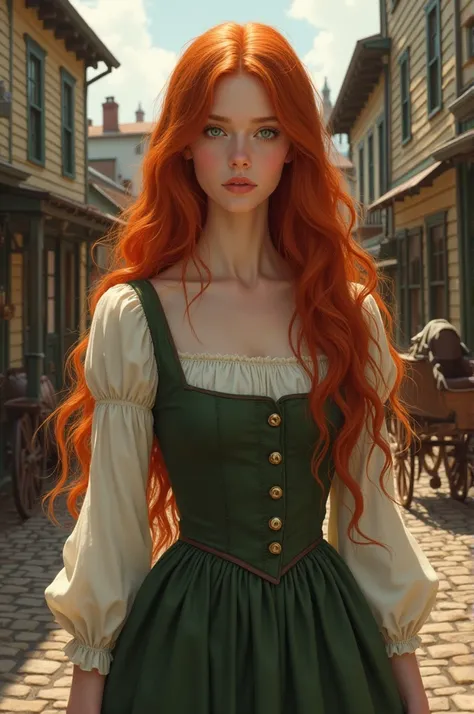 Beautiful puritan girl with red headed in a colonial town 