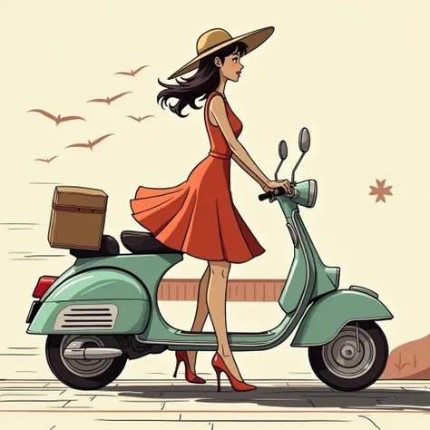  there is a woman riding a scooter with a hat,   similar to Kemono style,   similar to Kemono!,  in art style , Italian style,   digital studio art  , Animated style,   similar to Kemono art, Trend in Art, in style of digital   similar to Kemono,  art in A...