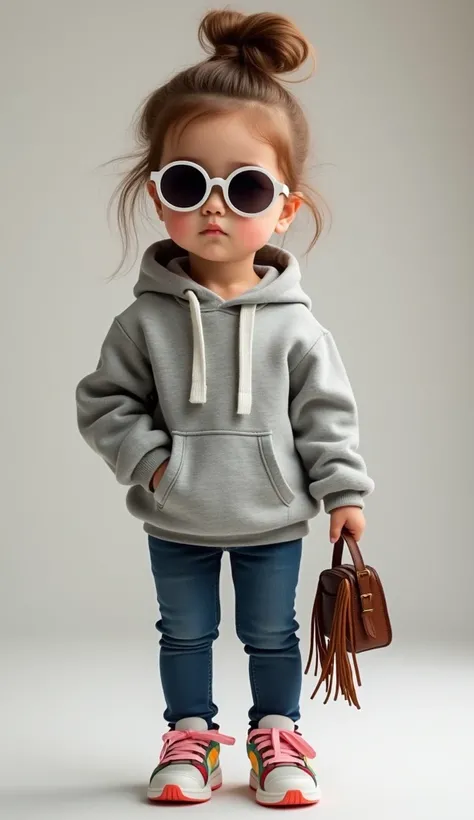 Realistic baby girl with fair skin and brown hair tied in a messy bun. She’s wearing a gray oversized hoodie, skinny jeans, and colorful sneakers. The baby girl is standing confidently with round sunglasses and holding a small fringed leather handbag