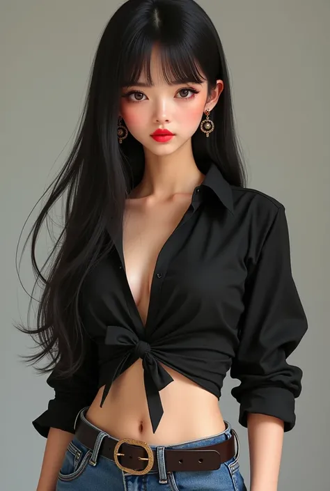 Beautiful 23-year-old girl with long and straight hair wearing dark brown eye earrings and wearing red lipstick and wearing high-waisted jeans with belt and wearing short black blouse
Showing the navel half Japanese half and half chubby