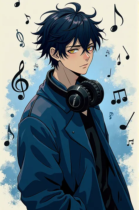 Une image dans le style manga dun garçon de 18 à 20 ans de couleurs de pô marant vêtue de noire et bleu avec un casque de musique autour du coup qui donne le dos au caméras avec de noté de musiques autour de lui.