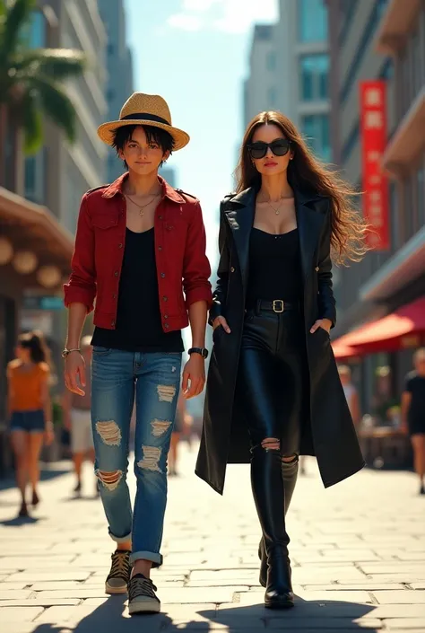 **Prompt:**

"Imagine a lively, sunlit city street where **Monkey D. Luffy** and **Angelina Jolie** walk side by side, blending two worlds of adventure and elegance. Luffy, with his signature straw hat and a carefree grin, sports a stylish, modern version ...