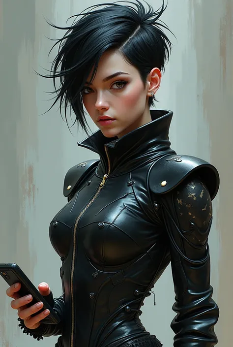  girl wearing metal clothes ,  short hair, Stop at 3 / 4 and holding her cell phone, Bruce Timm Style