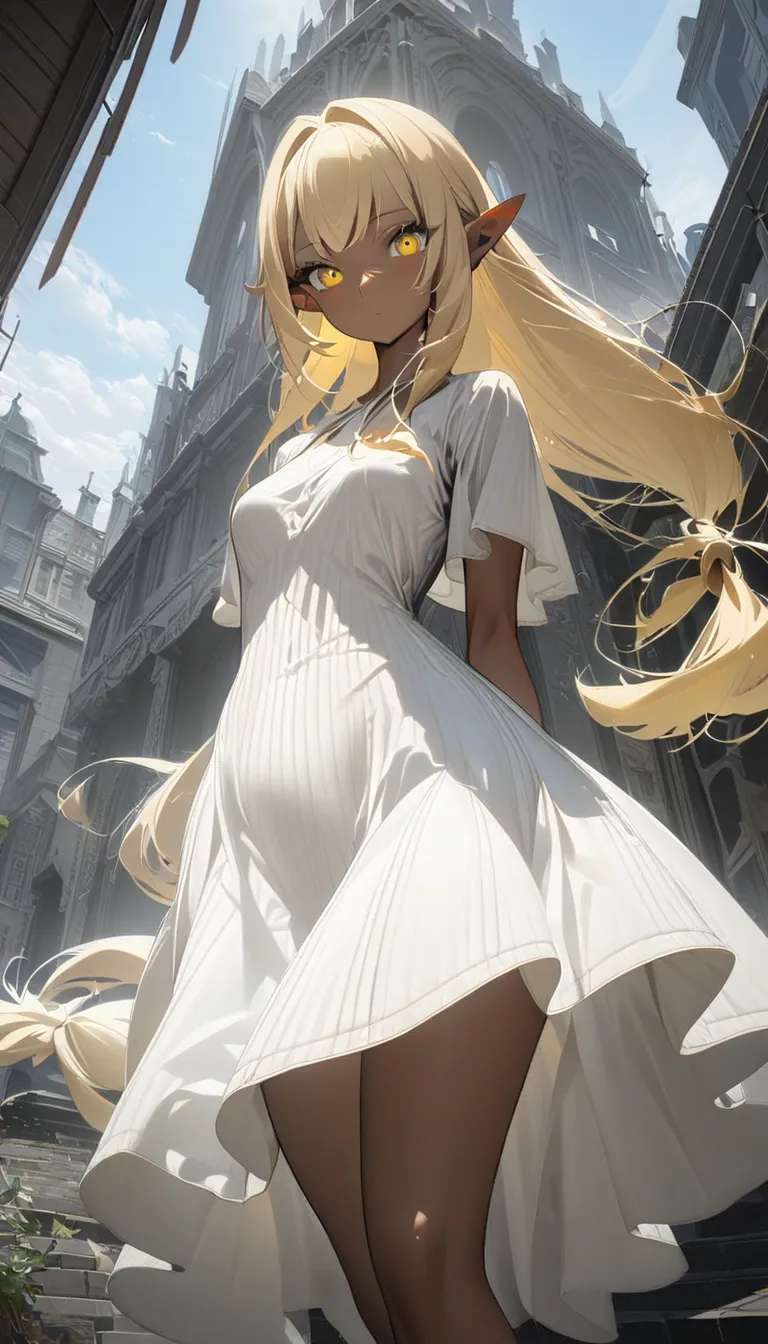 1 girl, alone, small breasts,  viewers from below,  wide hips, i々i have, long hair,  blond hair, pointy ears,  yellow eyes, (dar...