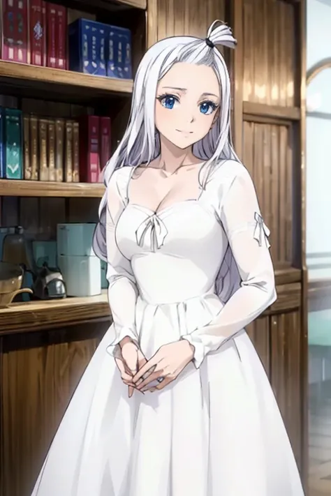 (Best Quality, 4k, 8k, Hi-Res, Masterpiece: 1.2), Ultra-Detailed, Realistic, Photorealistic: 1.37, Mirajane Strauss, beautiful woman with long straight wavy white hair and blue eyes, with a beautiful smile, wearing a beautiful long-sleeved black dress 