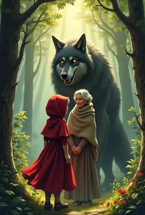 Little Red Riding Hood and Grandma in the Forest with the Big Bad Wolf