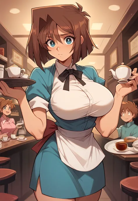 tea gardner,  brown hair ,  big breasts shirt, waitress, sensual