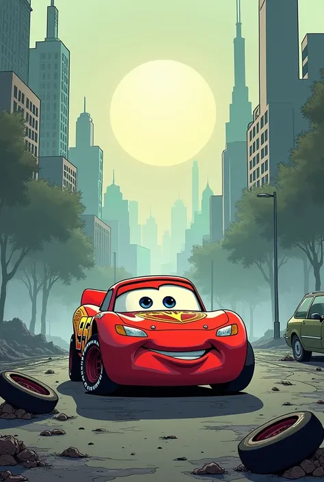 Create a comic image of the character Lightning McQueen saddened by the pollution caused by cars