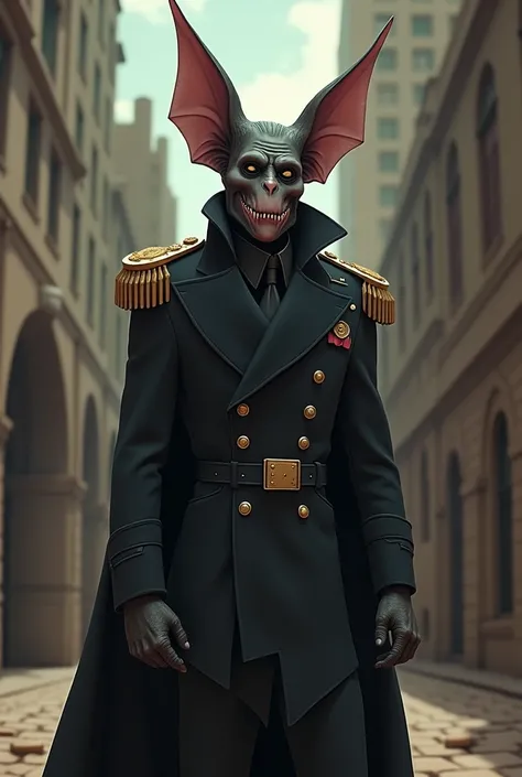 A man hybrid of a bat wearing a mask that has no wings and is dressed as a general and with a black overcoat and in the style of Rick and Morty