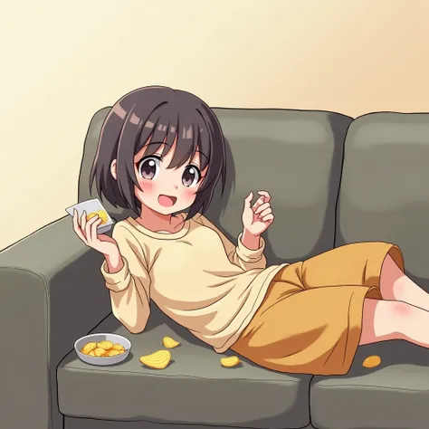 A young, cute Japanese girl who spends her time lazily lounging on the sofa, watching TV or the Internet, eating potato chips, etc. is called a "couch potato."