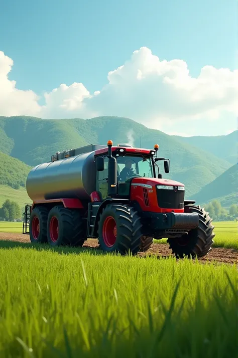 Tractor in field with water tank 