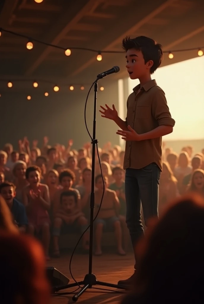  Scene of a young white country singer on stage, in front of a microphone and audience applauding 