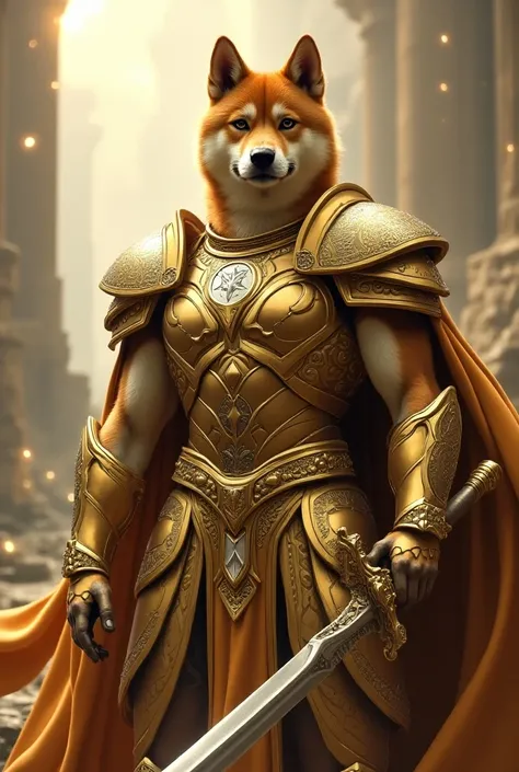  Shiba Inu、Muscular、Gold Armor、luxury、SF、Asgard、  sword、king、