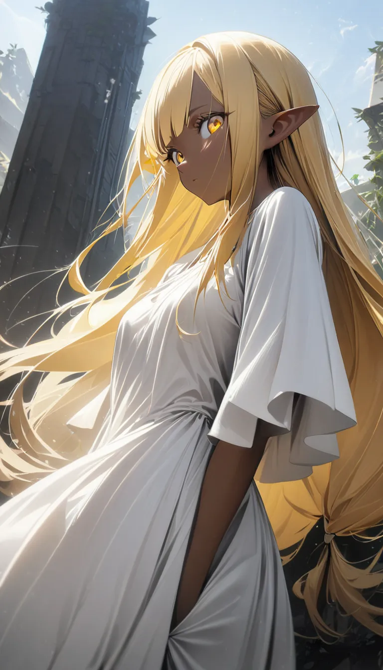 1 girl, alone, small breasts,  viewers from below,  wide hips, i々i have, long hair,  blond hair, pointy ears,  yellow eyes, (dar...