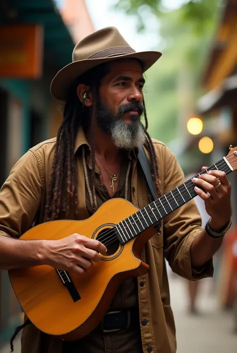 Wandering reggae musician playing a charango