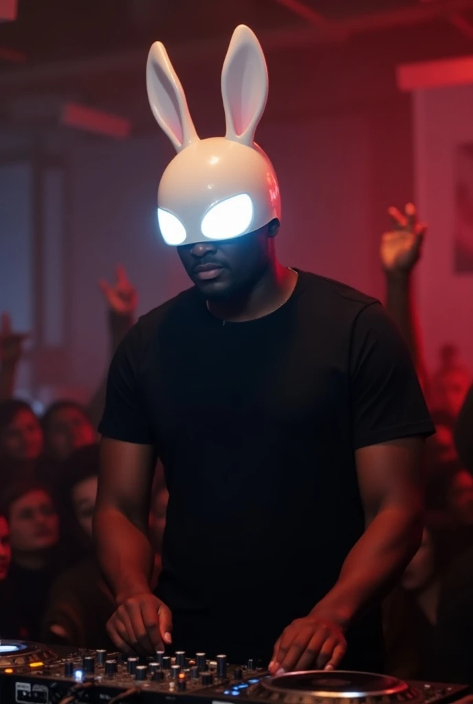  realistic scene of a Black DJ with dark skin, wearing a simple black T-shirt, standing confidently behind a DJ booth at a small, intimate music event. The DJs entire head is covered by a sleek white rabbit helmet with glowing eyes, giving him a unique, ye...