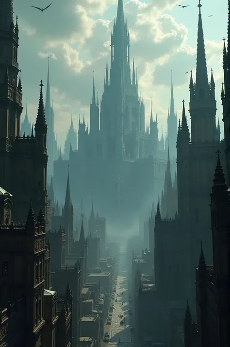 Create a megacity with colossal buildings of Gothic architecture 