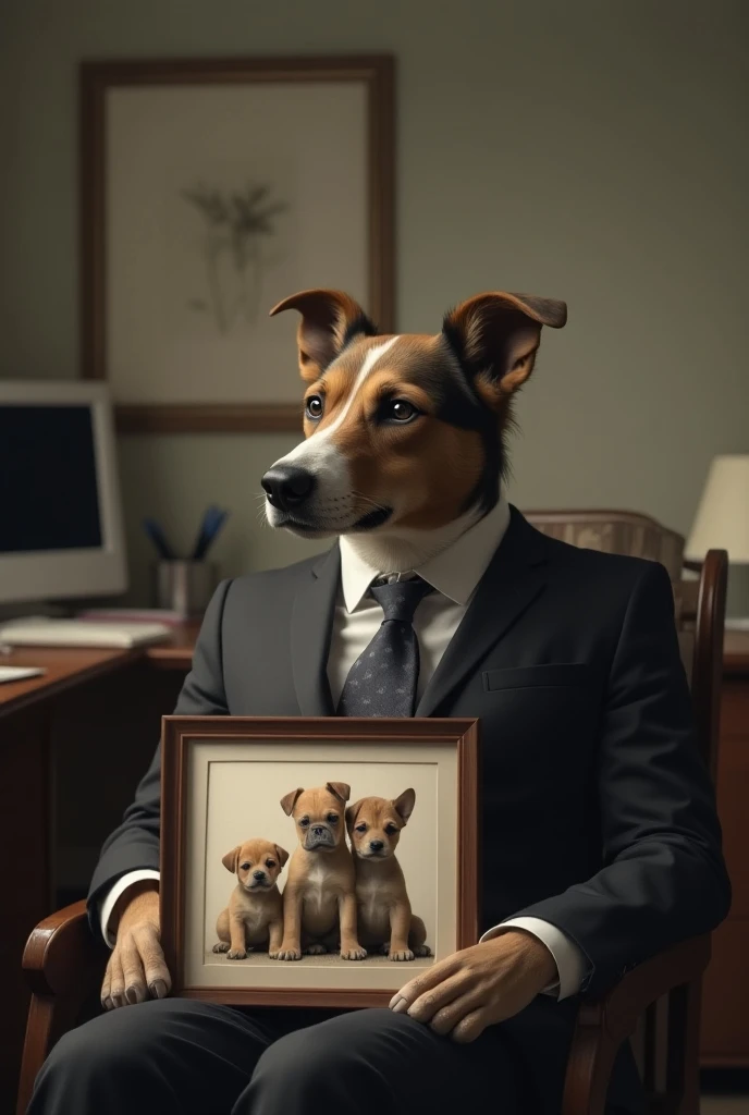 A dog in a suit and tie in an office sitting on a chair looking at a picture frame with the photo of three puppies that are his ren and with a sad face