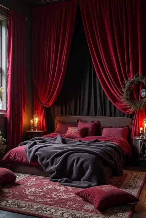 create a decoration room with blankets and drapery fabric, for a person under the Scorpio sign, based on the colors are black, wine and dark red, decorative elements, symbology, astrology, intimate light, dramatic light, dim light, completely mystical, mag...