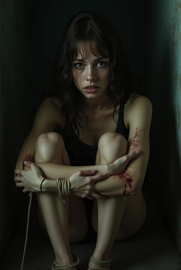 Brown-eyed brown-eyed woman sitting in a dark room with her hands behind her back on ropes and thrown in a ball with some blood 